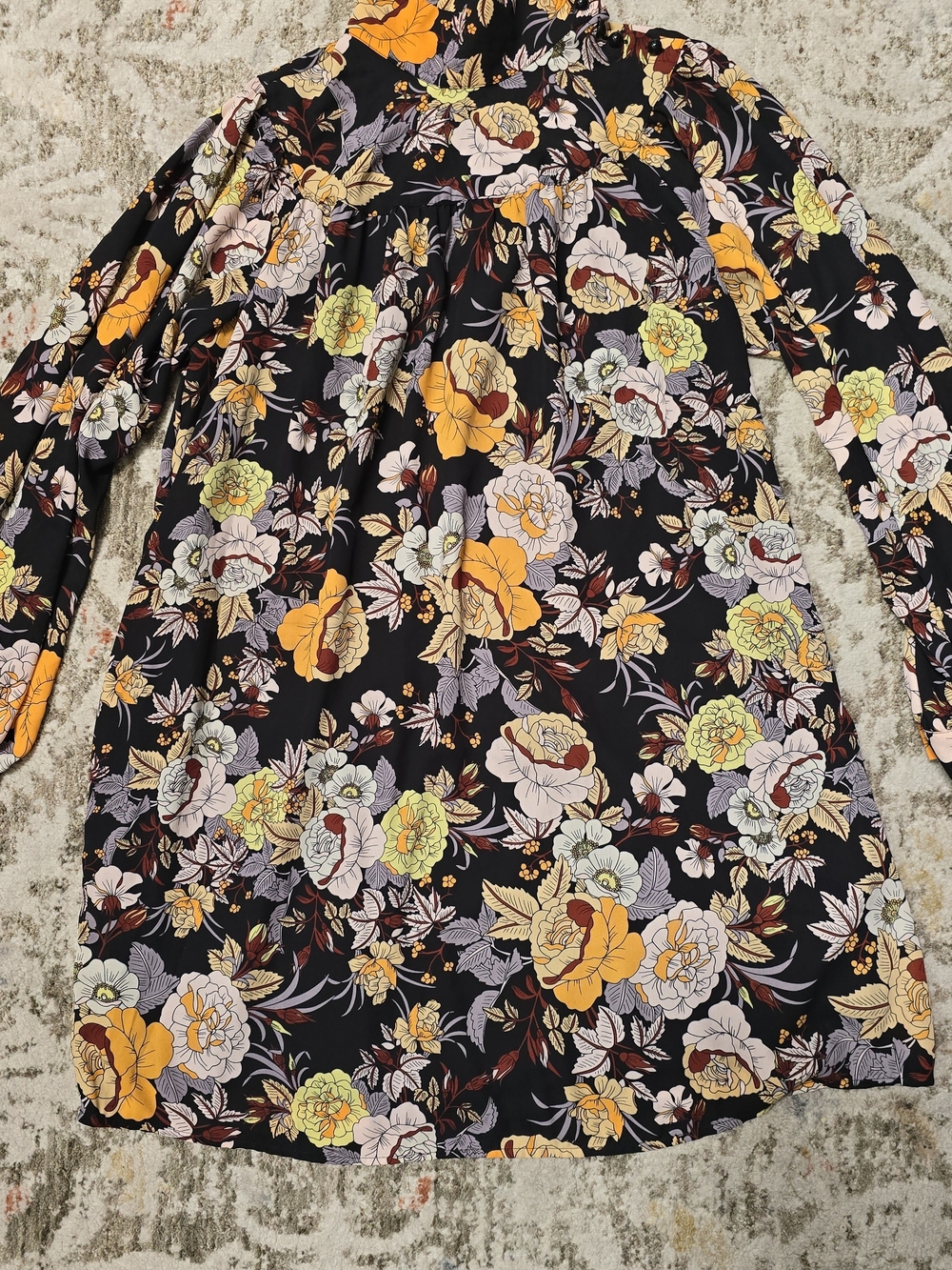 Who What Wear Black Midi Long Sleeves Dress w/ Yellow,Cream & Green Floral Print